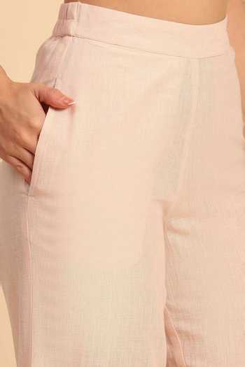 Dohr India_Pink Cotton, Linen V-neck Embroidered Top And Pant Set _at_Aza_Fashions