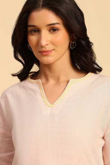 Buy_Dohr India_Pink Cotton, Linen V-neck Embroidered Top And Pant Set 