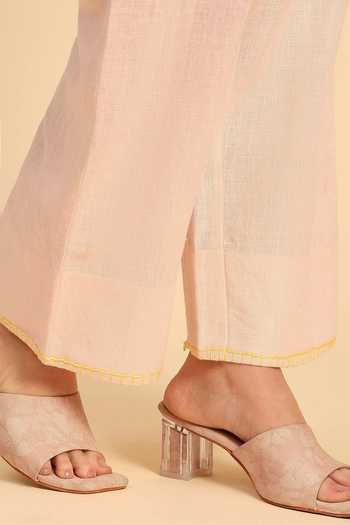 Shop_Dohr India_Pink Cotton, Linen V-neck Embroidered Top And Pant Set 