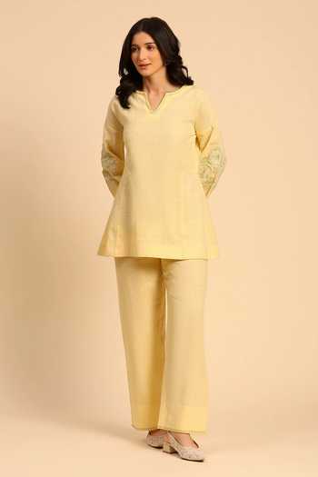 Buy_Dohr India_Yellow Cotton, Linen Split V-neck Applique Embroidered Top And Pant Set _Online_at_Aza_Fashions