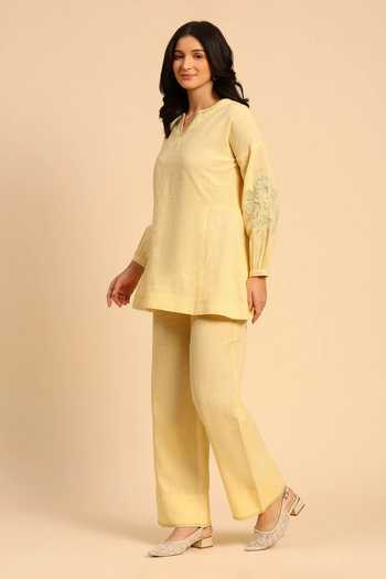 Shop_Dohr India_Yellow Cotton, Linen Split V-neck Applique Embroidered Top And Pant Set _Online_at_Aza_Fashions