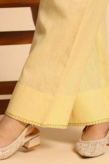Dohr India_Yellow Cotton, Linen Split V-neck Applique Embroidered Top And Pant Set _at_Aza_Fashions