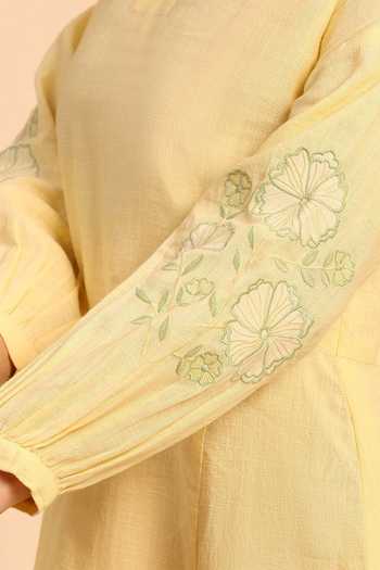 Buy_Dohr India_Yellow Cotton, Linen Split V-neck Applique Embroidered Top And Pant Set 