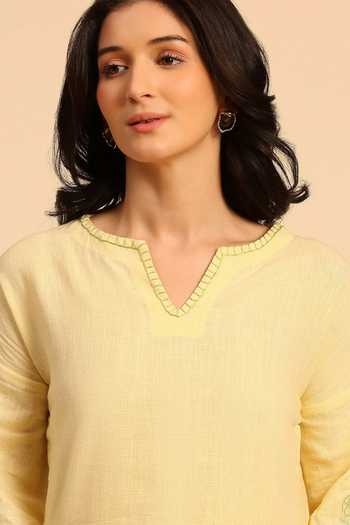 Shop_Dohr India_Yellow Cotton, Linen Split V-neck Applique Embroidered Top And Pant Set 