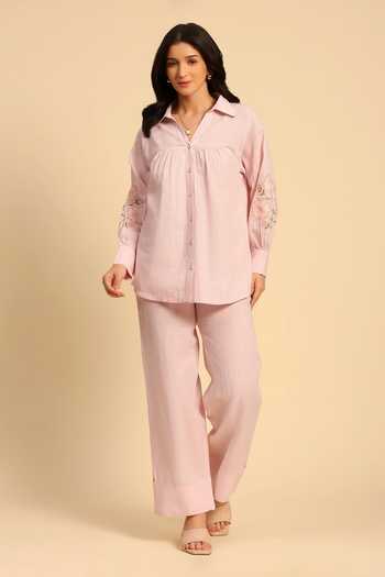 Dohr India_Pink Cotton, Linen Collared Neck Embroidered Shirt And Pant Set _Online_at_Aza_Fashions