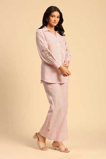 Buy_Dohr India_Pink Cotton, Linen Collared Neck Embroidered Shirt And Pant Set _Online_at_Aza_Fashions