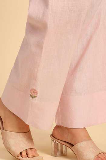 Dohr India_Pink Cotton, Linen Collared Neck Embroidered Shirt And Pant Set _at_Aza_Fashions