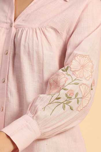 Buy_Dohr India_Pink Cotton, Linen Collared Neck Embroidered Shirt And Pant Set 