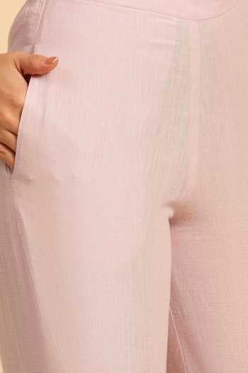 Shop_Dohr India_Pink Cotton, Linen Collared Neck Embroidered Shirt And Pant Set 