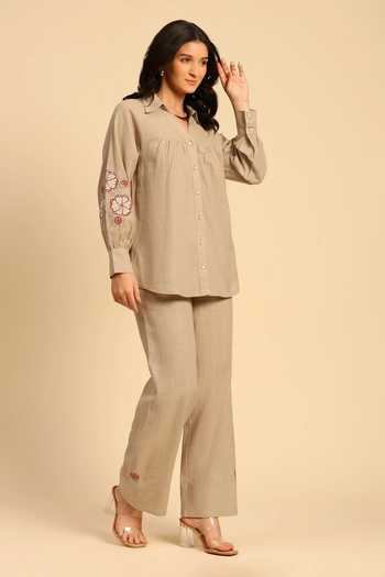 Dohr India_Brown Cotton, Linen Collared Neck Shirt And Pant Set _Online_at_Aza_Fashions
