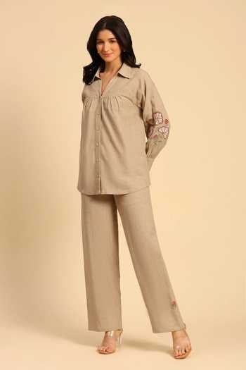 Buy_Dohr India_Brown Cotton, Linen Collared Neck Shirt And Pant Set _Online_at_Aza_Fashions