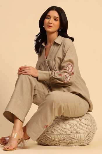 Shop_Dohr India_Brown Cotton, Linen Collared Neck Shirt And Pant Set _Online_at_Aza_Fashions