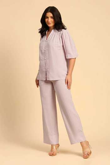 Dohr India Purple Cotton, Linen Mandarin Collar Shirt And Pant Set Online at Aza Fashions Dohr India_Purple Cotton, Linen Mandarin Collar Shirt And Pant Set _Online_at_Aza_Fashions