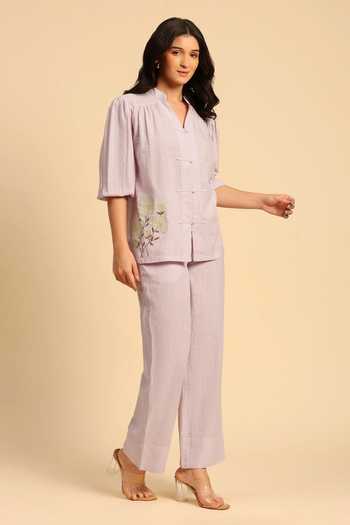Buy Dohr India Purple Cotton, Linen Mandarin Collar Shirt And Pant Set Online at Aza Fashions Buy_Dohr India_Purple Cotton, Linen Mandarin Collar Shirt And Pant Set _Online_at_Aza_Fashions