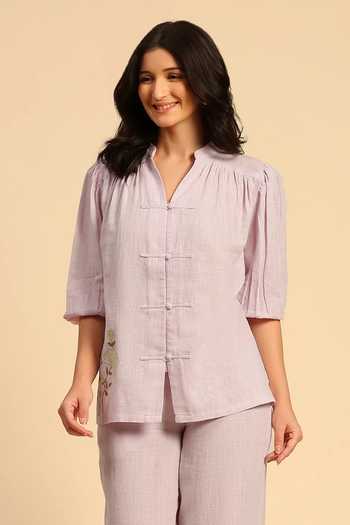 Dohr India Purple Cotton, Linen Mandarin Collar Shirt And Pant Set at Aza Fashions Dohr India_Purple Cotton, Linen Mandarin Collar Shirt And Pant Set _at_Aza_Fashions