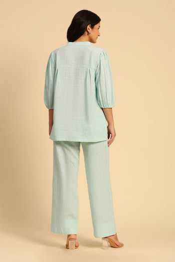 Dohr India Embroidered Cotton Linen Shirt & Pant Set 