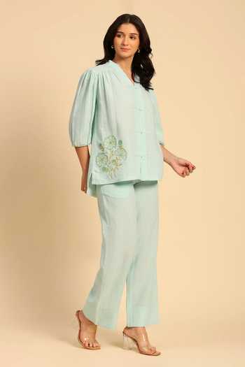 Dohr India_Blue Cotton, Linen Mandarin Collar Embroidered Shirt And Pant Set _Online_at_Aza_Fashions