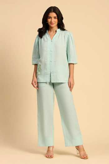 Buy_Dohr India_Blue Cotton, Linen Mandarin Collar Embroidered Shirt And Pant Set _Online_at_Aza_Fashions