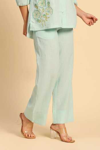 Shop_Dohr India_Blue Cotton, Linen Mandarin Collar Embroidered Shirt And Pant Set _Online_at_Aza_Fashions