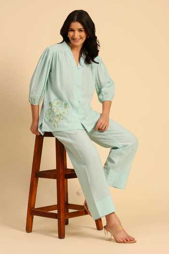 Dohr India Embroidered Cotton Linen Shirt & Pant Set 