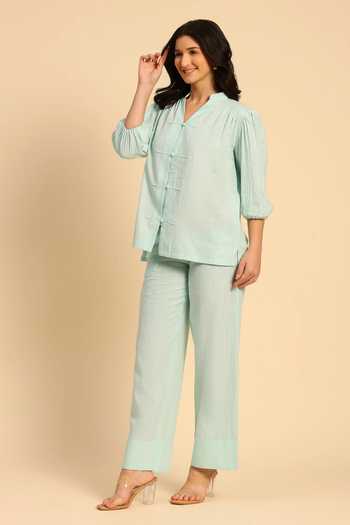 Dohr India_Blue Cotton, Linen Mandarin Collar Embroidered Shirt And Pant Set _at_Aza_Fashions