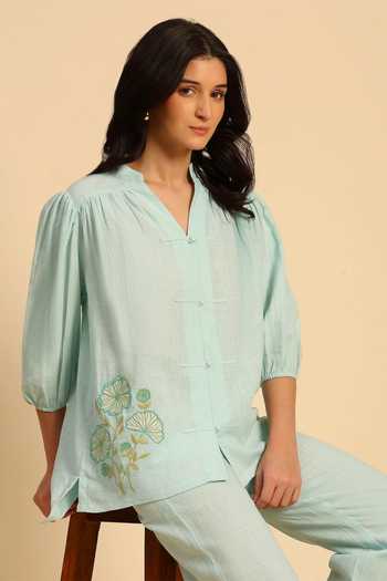 Shop_Dohr India_Blue Cotton, Linen Mandarin Collar Embroidered Shirt And Pant Set 