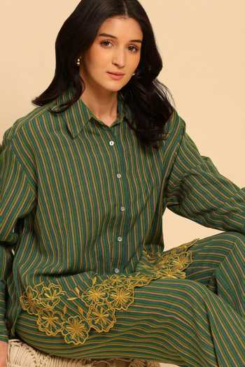 Buy Dohr India Green Cotton Collared Neck Stripe Pattern Shirt And Pant Set Online at Aza Fashions Buy_Dohr India_Green Cotton Collared Neck Stripe Pattern Shirt And Pant Set _Online_at_Aza_Fashions