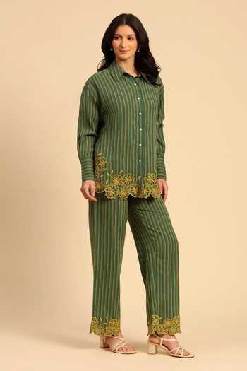 Shop Dohr India Green Cotton Collared Neck Stripe Pattern Shirt And Pant Set Online at Aza Fashions Shop_Dohr India_Green Cotton Collared Neck Stripe Pattern Shirt And Pant Set _Online_at_Aza_Fashions