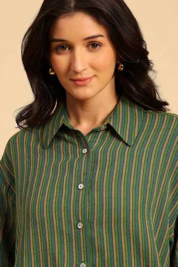 Shop Dohr India Green Cotton Collared Neck Stripe Pattern Shirt And Pant Set Shop_Dohr India_Green Cotton Collared Neck Stripe Pattern Shirt And Pant Set