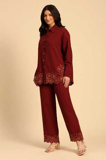 Dohr India_Red Cotton Collared Neck Stripe Pattern Shirt And Pant Set _Online_at_Aza_Fashions