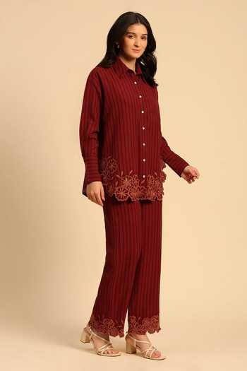 Buy_Dohr India_Red Cotton Collared Neck Stripe Pattern Shirt And Pant Set _Online_at_Aza_Fashions