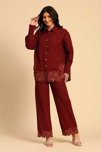 Shop_Dohr India_Red Cotton Collared Neck Stripe Pattern Shirt And Pant Set _Online_at_Aza_Fashions