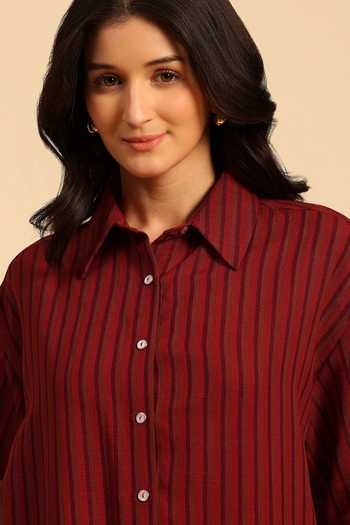 Dohr India_Red Cotton Collared Neck Stripe Pattern Shirt And Pant Set _at_Aza_Fashions