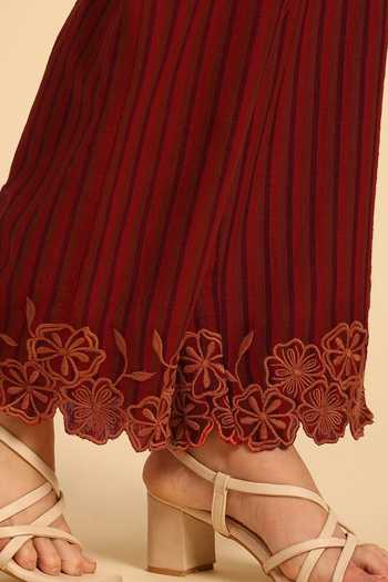 Buy_Dohr India_Red Cotton Collared Neck Stripe Pattern Shirt And Pant Set 