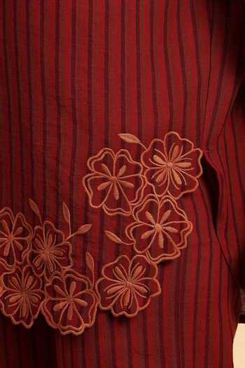 Shop_Dohr India_Red Cotton Collared Neck Stripe Pattern Shirt And Pant Set 