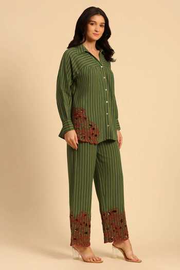 Dohr India Green Cotton Collared Neck Stripe Pattern Shirt And Pant Set Online at Aza Fashions Dohr India_Green Cotton Collared Neck Stripe Pattern Shirt And Pant Set _Online_at_Aza_Fashions