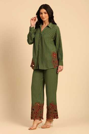 Shop Dohr India Green Cotton Collared Neck Stripe Pattern Shirt And Pant Set Online at Aza Fashions Shop_Dohr India_Green Cotton Collared Neck Stripe Pattern Shirt And Pant Set _Online_at_Aza_Fashions