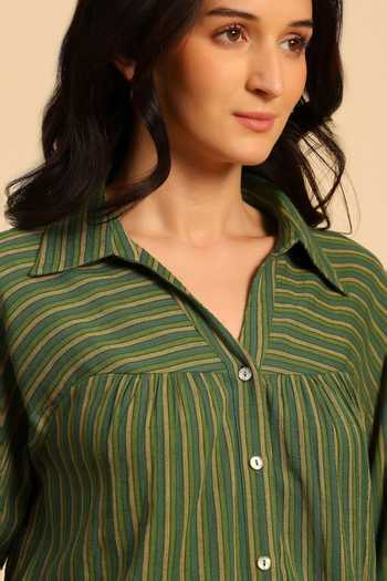 Buy Dohr India Green Cotton Collared Neck Stripe Pattern Shirt And Pant Set Buy_Dohr India_Green Cotton Collared Neck Stripe Pattern Shirt And Pant Set
