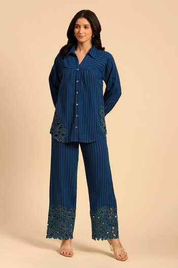 Buy Dohr India Blue Cotton Collared Neck Stripes Pattern Shirt And Pant Set Online at Aza Fashions Buy_Dohr India_Blue Cotton Collared Neck Stripes Pattern Shirt And Pant Set _Online_at_Aza_Fashions