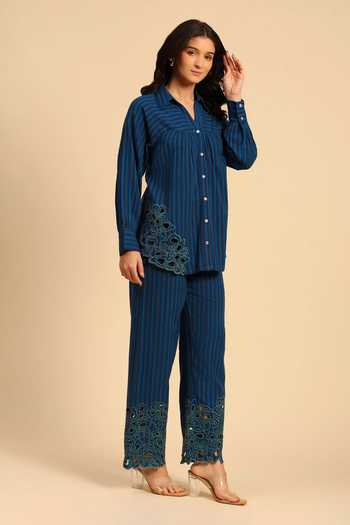 Shop Dohr India Blue Cotton Collared Neck Stripes Pattern Shirt And Pant Set Online at Aza Fashions Shop_Dohr India_Blue Cotton Collared Neck Stripes Pattern Shirt And Pant Set _Online_at_Aza_Fashions