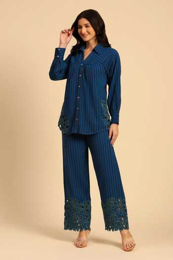 Dohr India Blue Cotton Collared Neck Stripes Pattern Shirt And Pant Set at Aza Fashions Dohr India_Blue Cotton Collared Neck Stripes Pattern Shirt And Pant Set _at_Aza_Fashions