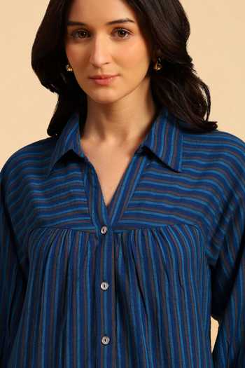 Buy Dohr India Blue Cotton Collared Neck Stripes Pattern Shirt And Pant Set Buy_Dohr India_Blue Cotton Collared Neck Stripes Pattern Shirt And Pant Set
