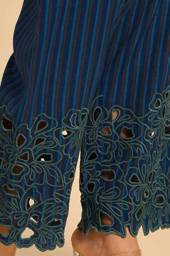 Shop Dohr India Blue Cotton Collared Neck Stripes Pattern Shirt And Pant Set Shop_Dohr India_Blue Cotton Collared Neck Stripes Pattern Shirt And Pant Set