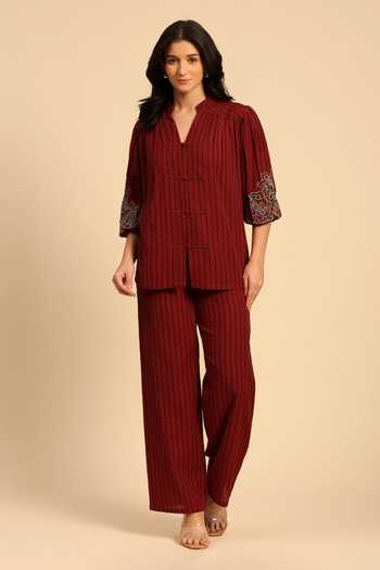 Dohr India_Red Cotton Split V-neck Striped Slub Shirt And Pant Set _Online_at_Aza_Fashions
