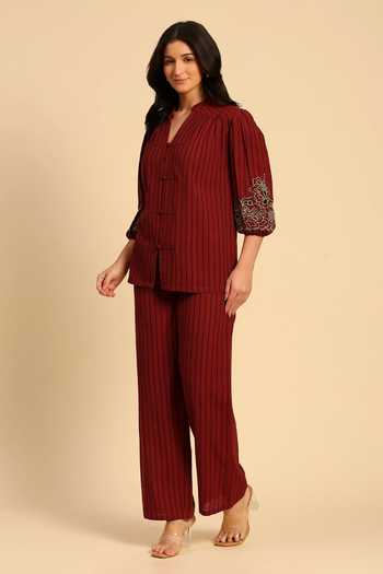 Buy_Dohr India_Red Cotton Split V-neck Striped Slub Shirt And Pant Set _Online_at_Aza_Fashions