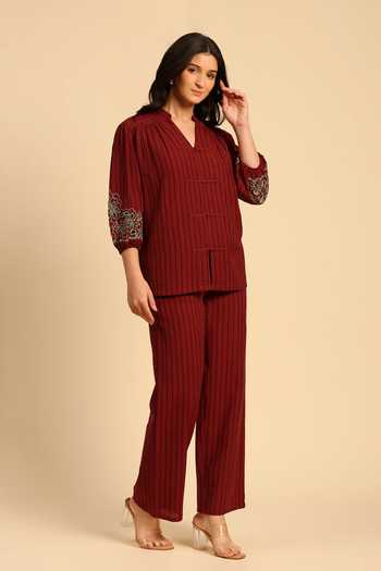 Shop_Dohr India_Red Cotton Split V-neck Striped Slub Shirt And Pant Set _Online_at_Aza_Fashions