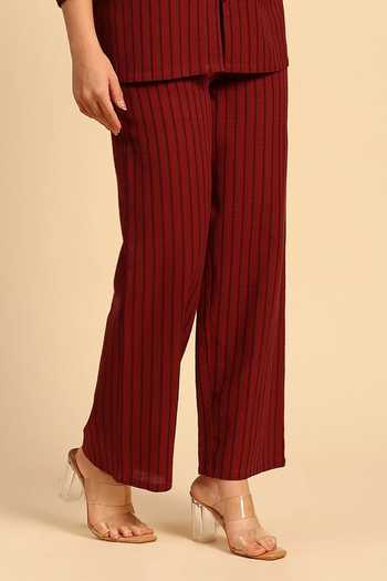 Dohr India_Red Cotton Split V-neck Striped Slub Shirt And Pant Set _at_Aza_Fashions