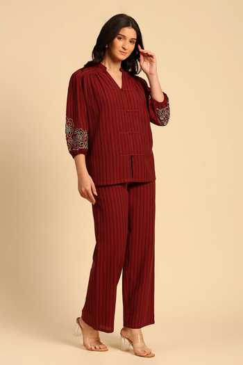 Buy_Dohr India_Red Cotton Split V-neck Striped Slub Shirt And Pant Set 