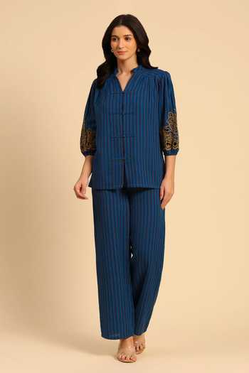 Dohr India_Blue Cotton Mandarin Collar Embroidered Shirt And Pant Set _Online_at_Aza_Fashions