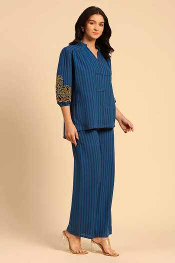 Buy_Dohr India_Blue Cotton Mandarin Collar Embroidered Shirt And Pant Set _Online_at_Aza_Fashions
